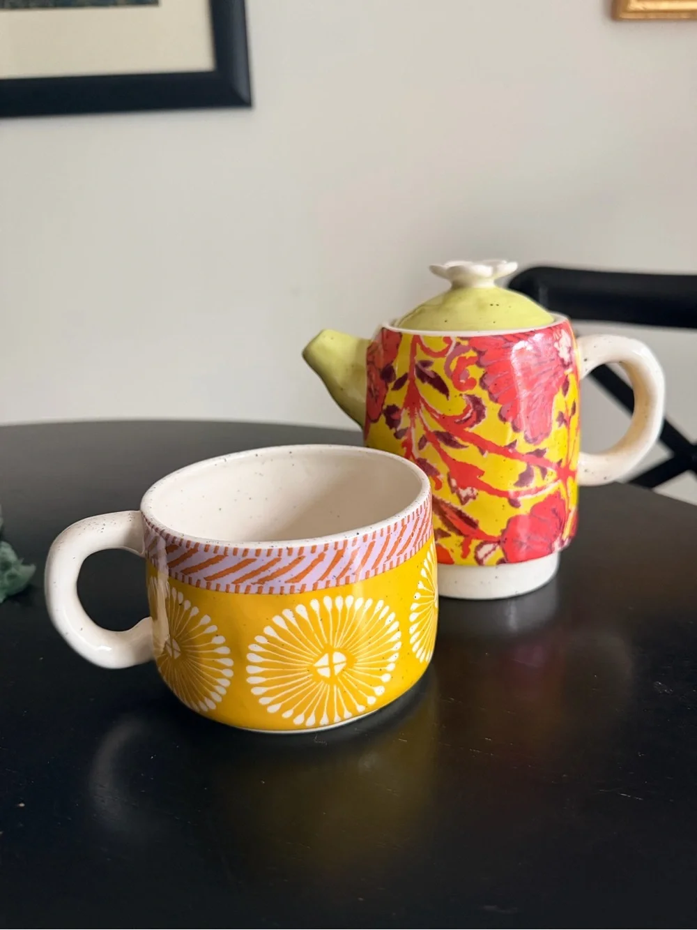 Anthropologie Floral Ceramic Teapot with Nesting Mug